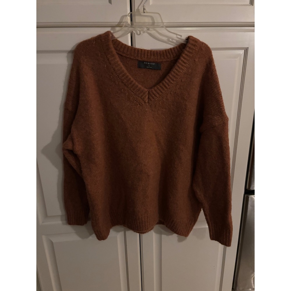 Primark Womens Rust Brown V-Neck Oversized Knit Sweater Wool Blend Pullover L